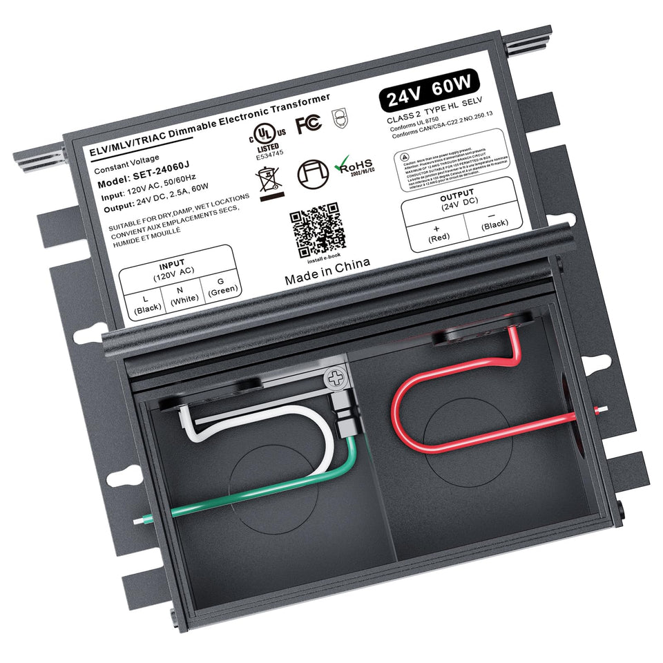 Inexaccessories 60W 24V dimmable LED driver compatible with Lutron and Leviton dimmers for smooth control.