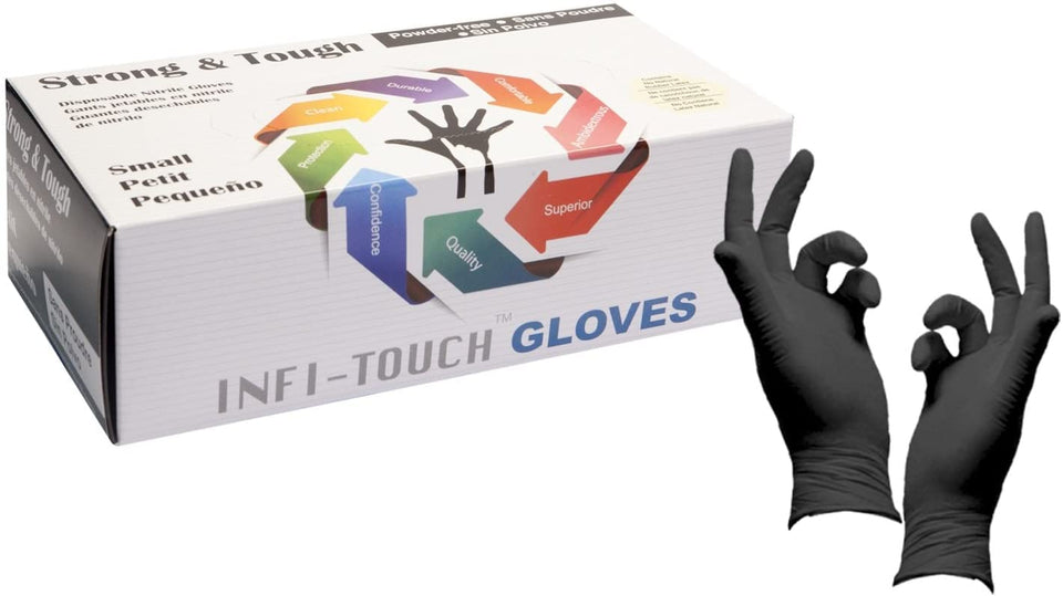 Infi-Touch heavy-duty nitrile gloves box showing 100-count supply for daily tasks