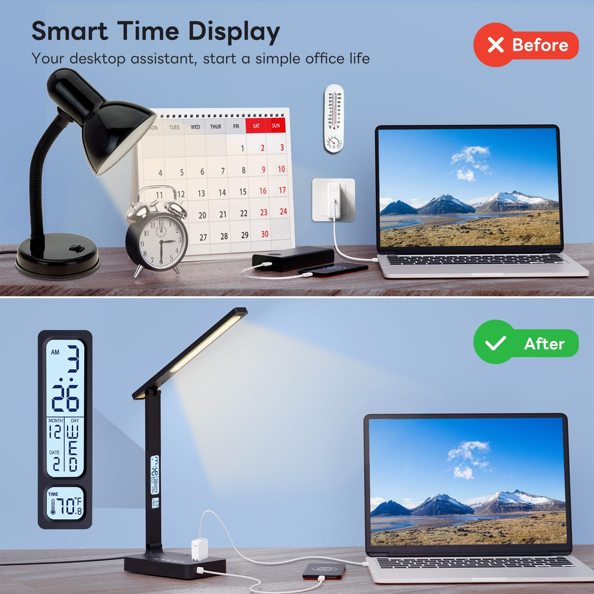 Infiway lamp includes LCD display showing time, date, and temperature.