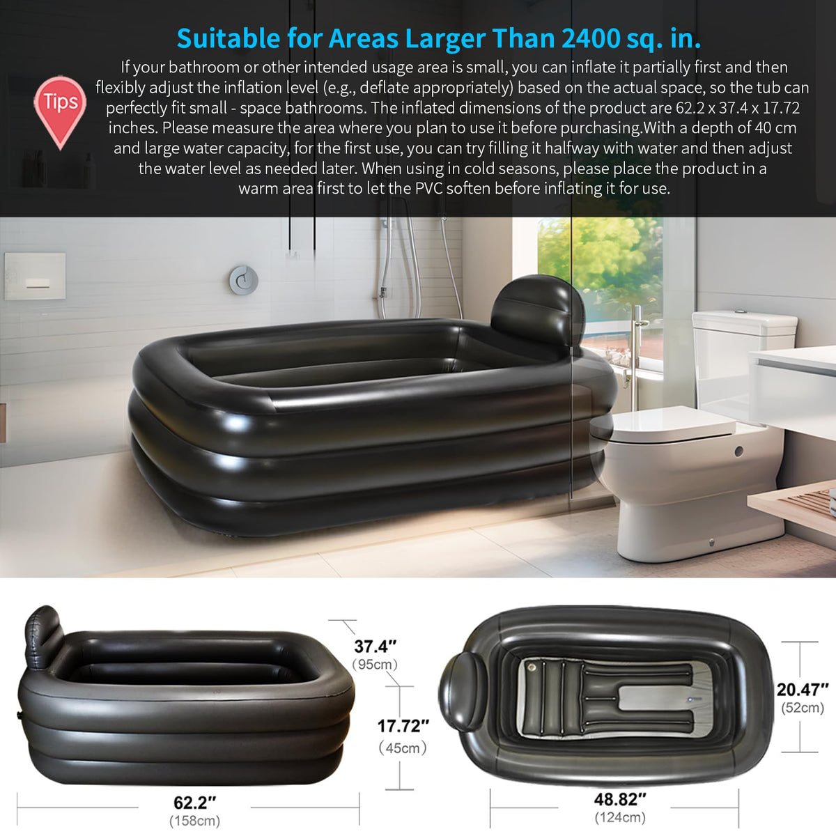 Inflatoast bathtub shows water depth for comfortable soaking.