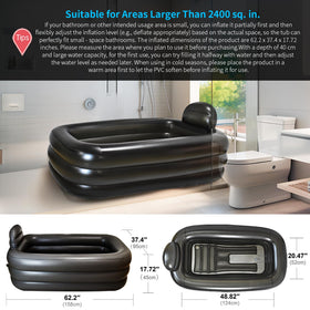Inflatoast bathtub shows water depth for comfortable soaking.