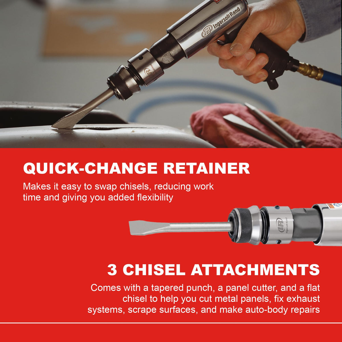 Ingersoll Rand 114GQC 2-5-8 inch stroke supports efficient metal cutting and scraping.