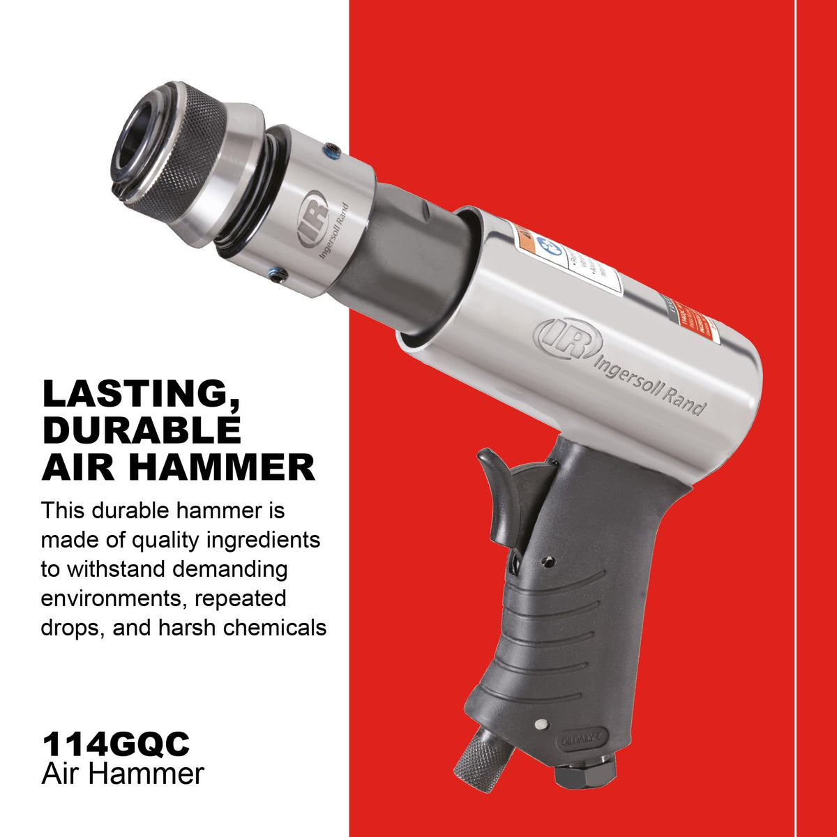 Ingersoll Rand 114GQC quick-change retainer enables fast chisel swaps during projects.