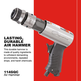Ingersoll Rand 114GQC quick-change retainer enables fast chisel swaps during projects.