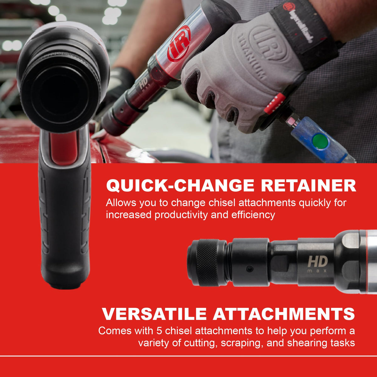Ingersoll Rand 135MAXK air hammer with 3-inch stroke enables deep shaping.