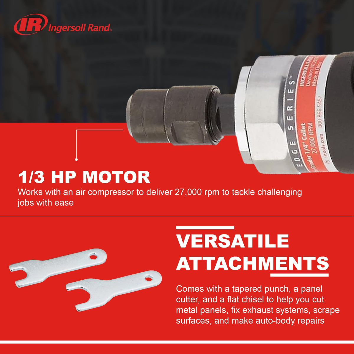 Rear exhaust design helps keep debris away from the work area during operation.