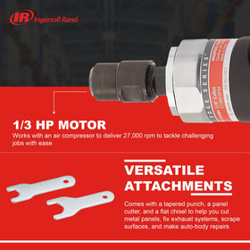 Rear exhaust design helps keep debris away from the work area during operation.