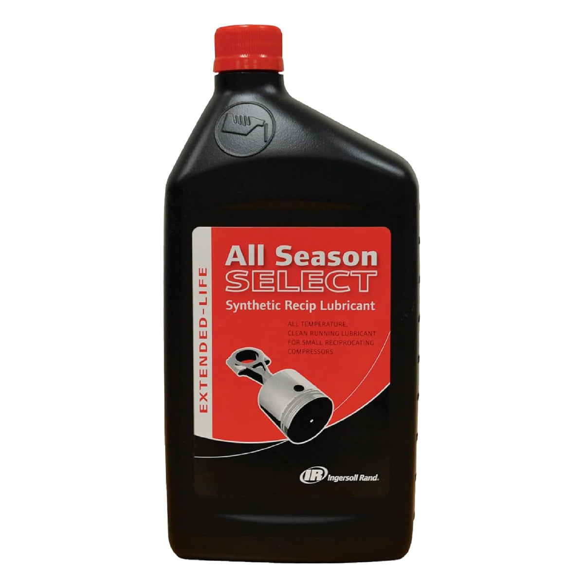 Ingersoll Rand All Season Select Synthetic Lubricant 1L bottle front view promotes smooth reciprocating compressor operation.
