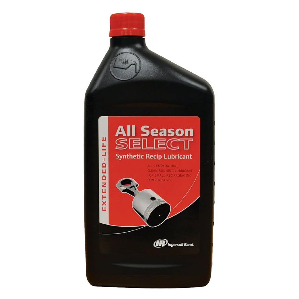 Ingersoll Rand All Season Select Synthetic Lubricant 1L bottle front view promotes smooth reciprocating compressor operation.
