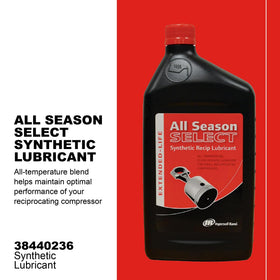 Ingersoll Rand All Season Select lubricant label closeup highlights premium synthetic formulation for reliable cooling and reduced wear.