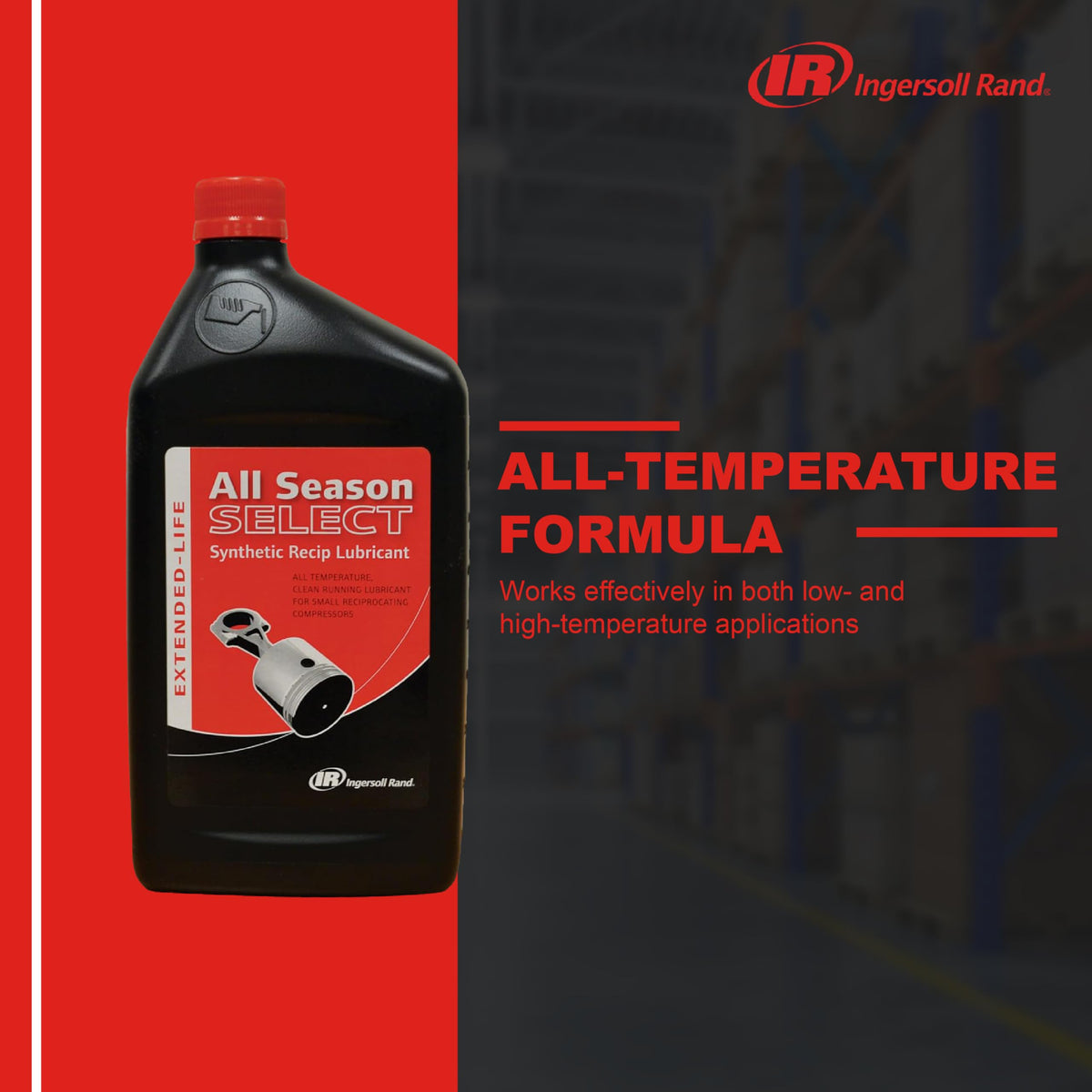 Ingersoll Rand temperature balance graphic shows all-season performance in heat and cold across compressors.