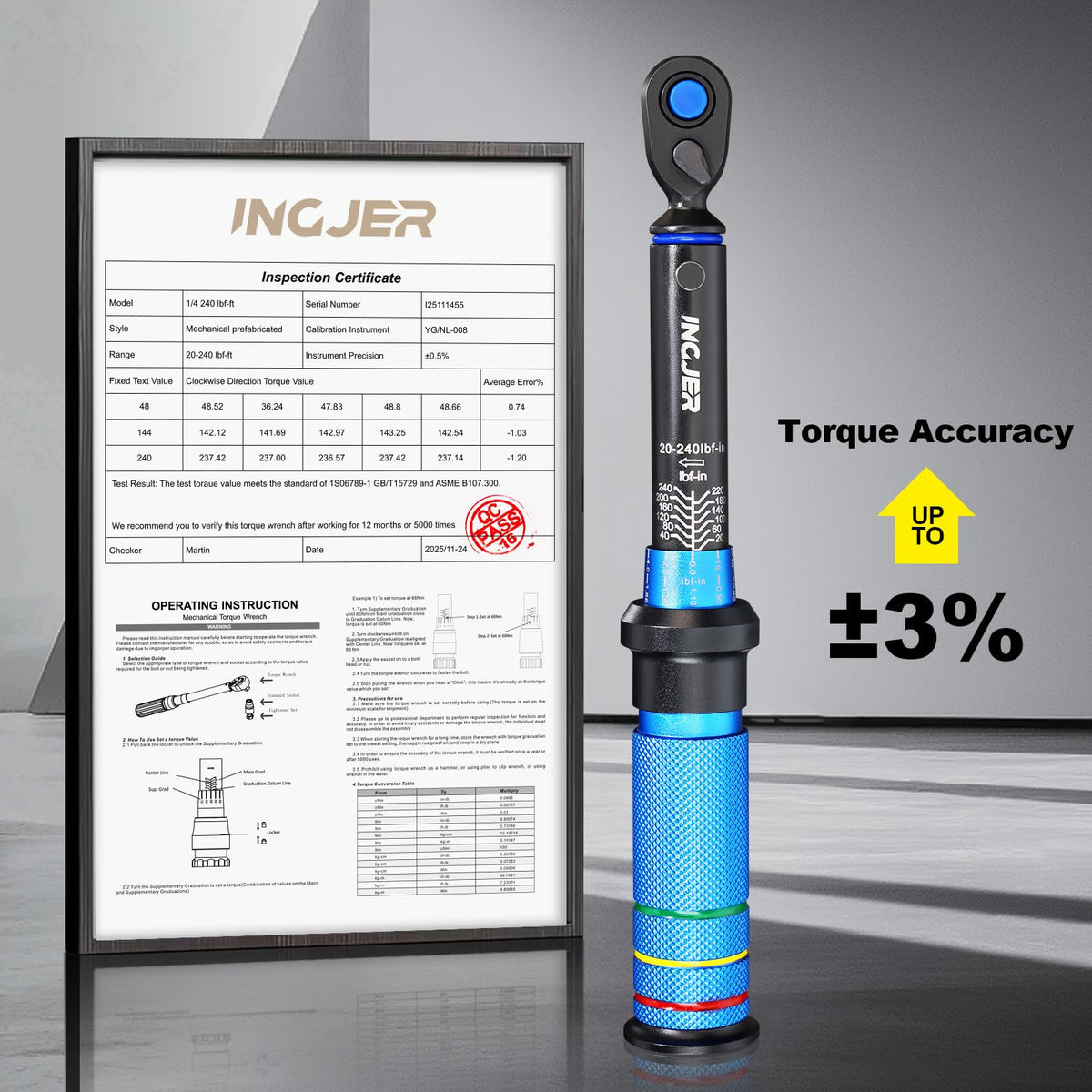 INGJER Torque Wrench dual Ft-Lb and Nm scales for versatile measurements.