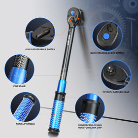 INGJER Upgrade 3/8 drive torque wrench dial close-up highlights precise torque scales.