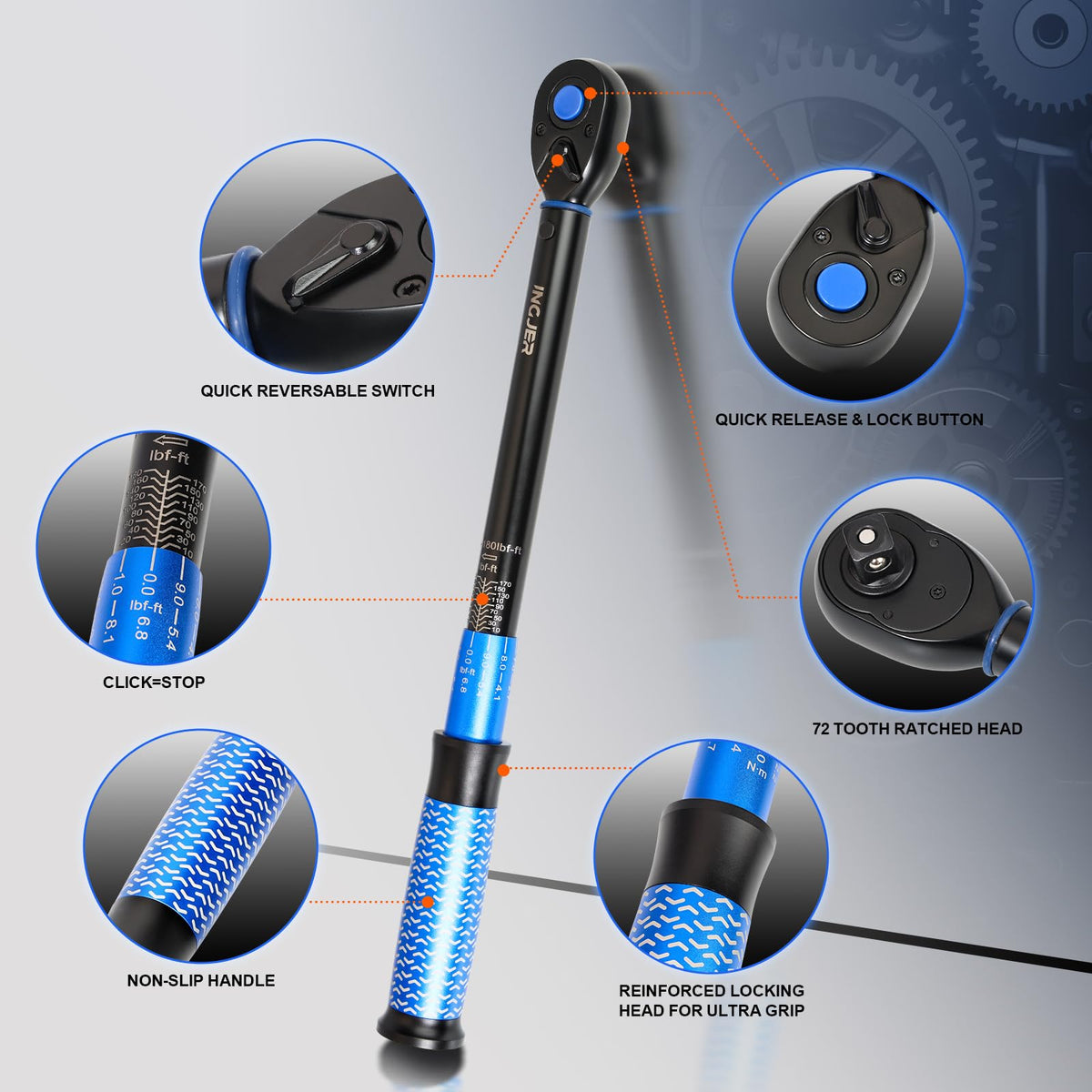 INGJER Upgrade 72-tooth reversible head enables easy tightening in tight spaces.
