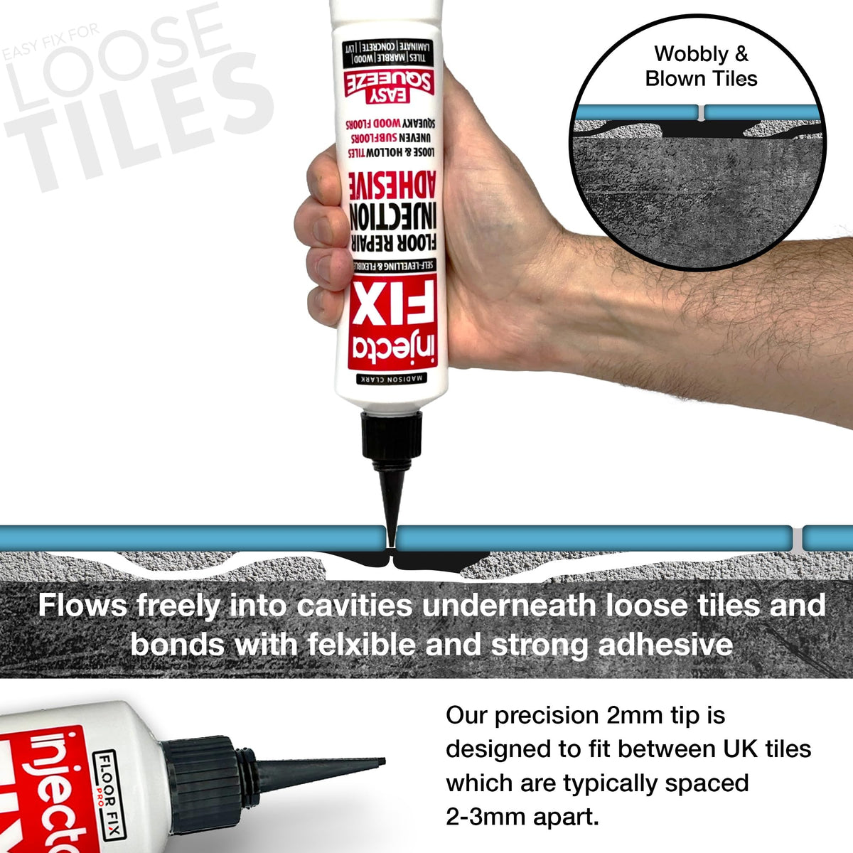 Injectafix Floor-Fix Pro multi-surface adhesive bonds ceramic, stone, and wood.