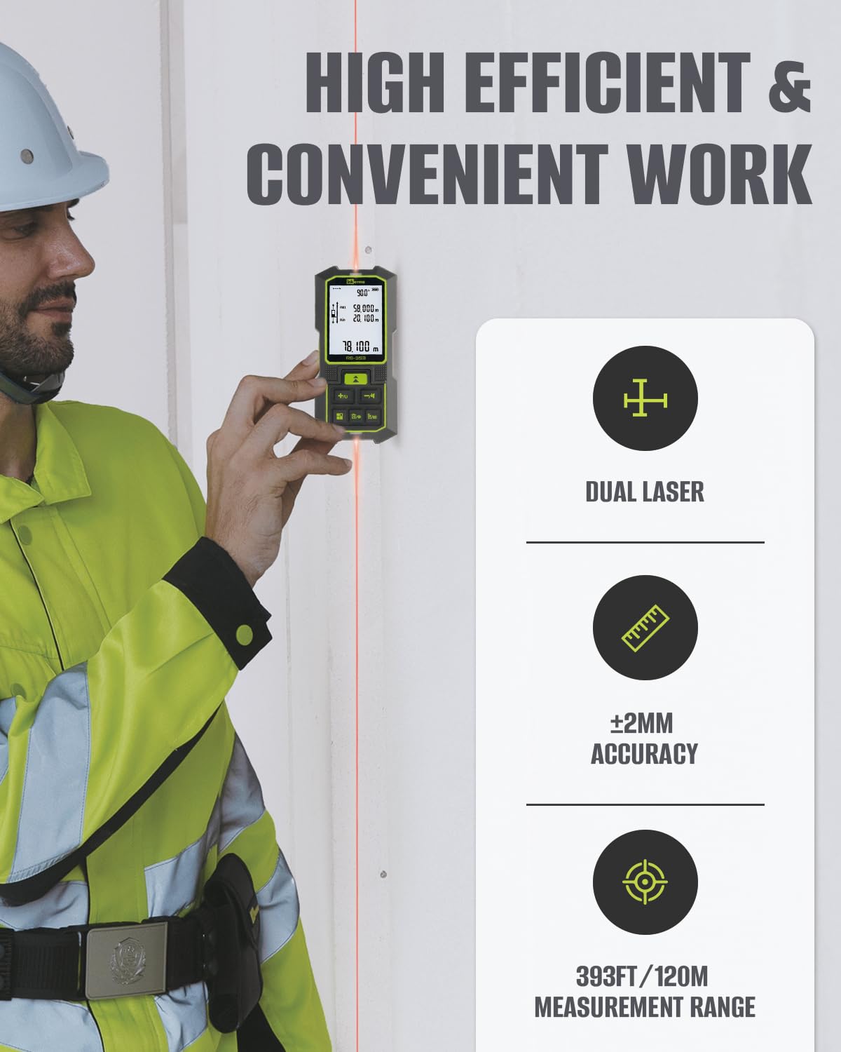 Inkerma distance meter showing tilt angle feature for precise readings.