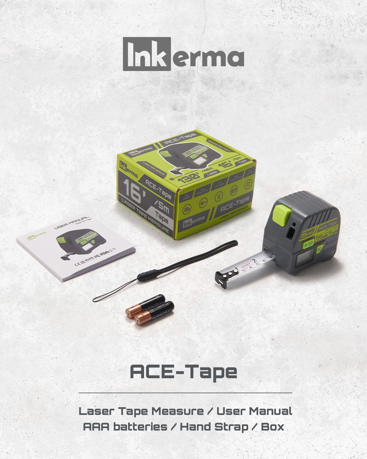 Inkerma package includes strap, batteries, and user manual for immediate use.