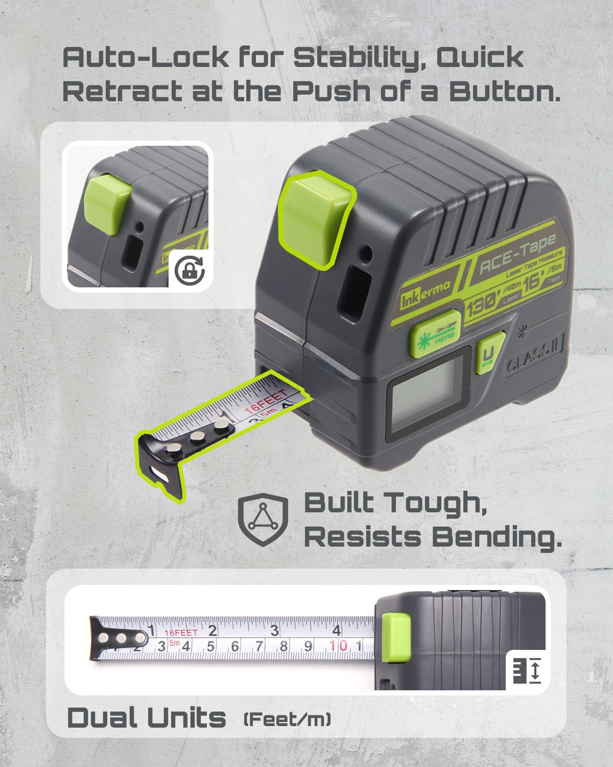 Inkerma self-locking tape enables one-handed measurements with straight readings.