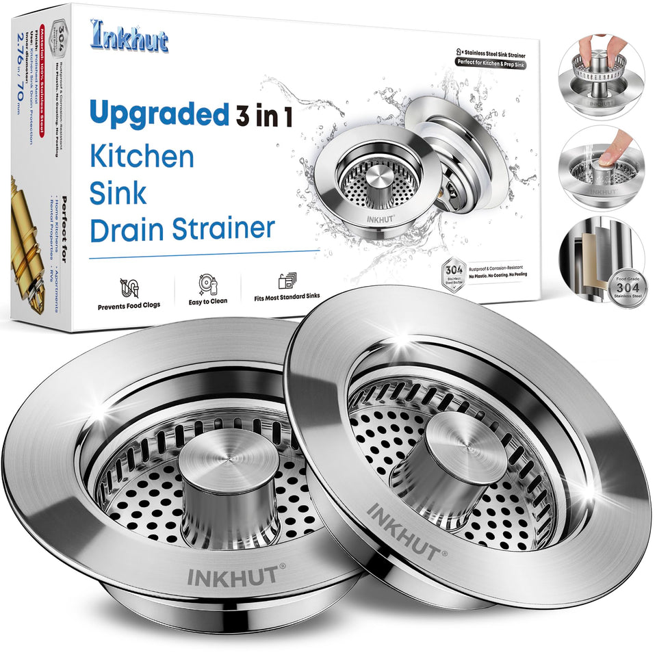 Inkhut 3in1 sink drain strainer demonstrates integrated stopper and catcher for smooth drainage.