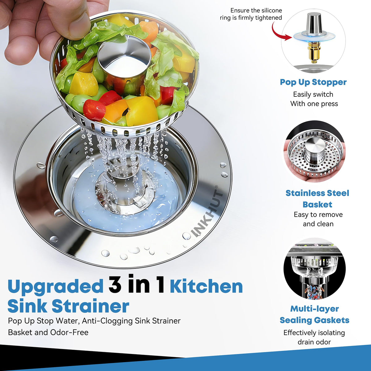 Inkhut stainless steel sink strainer basket highlights durable construction.