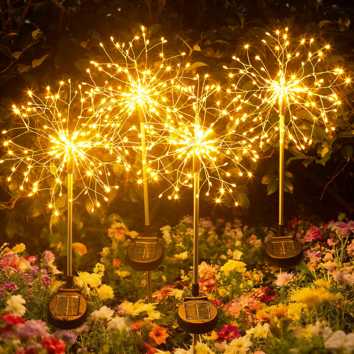 INMKALI solar garden lights illuminate outdoor decor with warm gold glow.