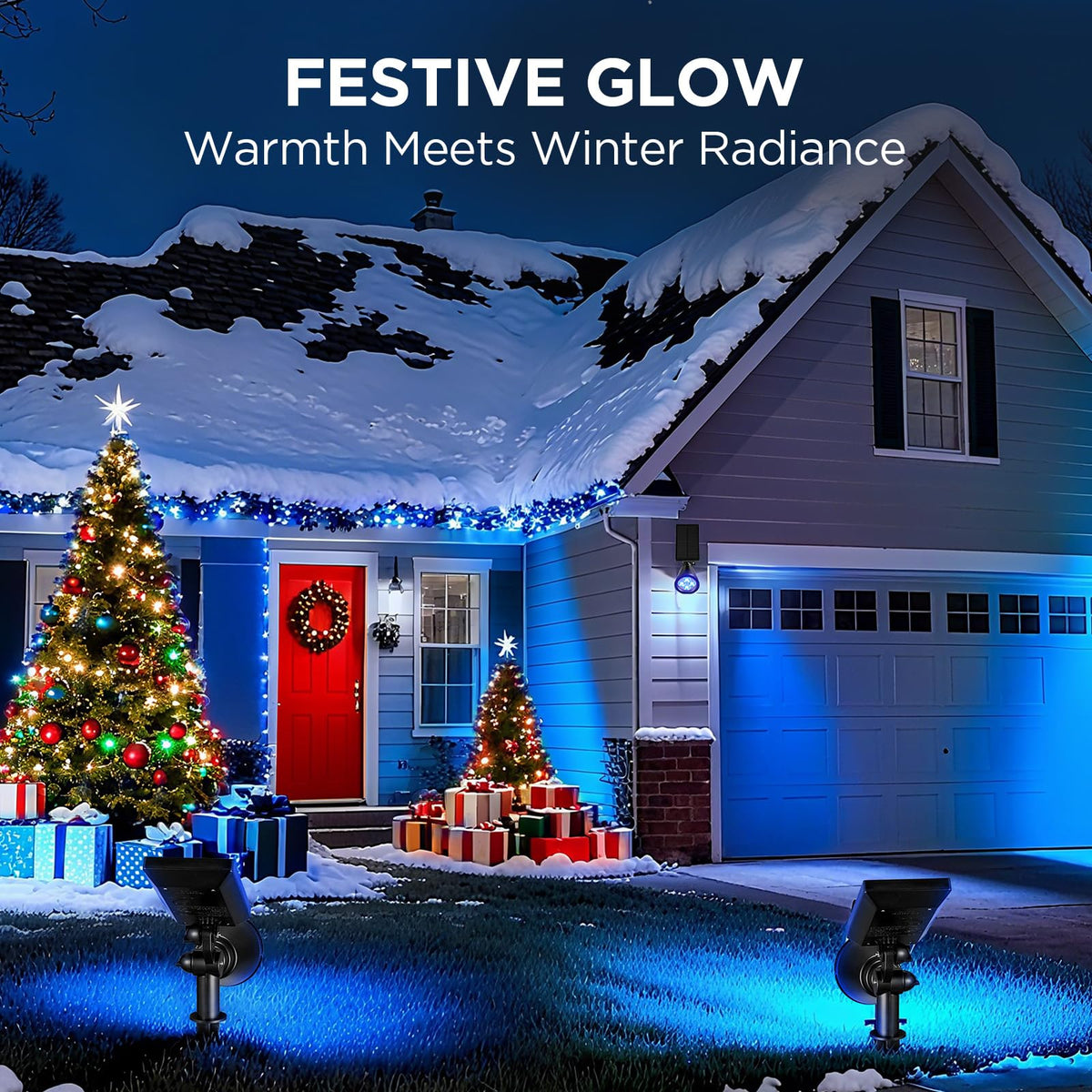 InnoGear twin blue solar spotlights create accents on garden features