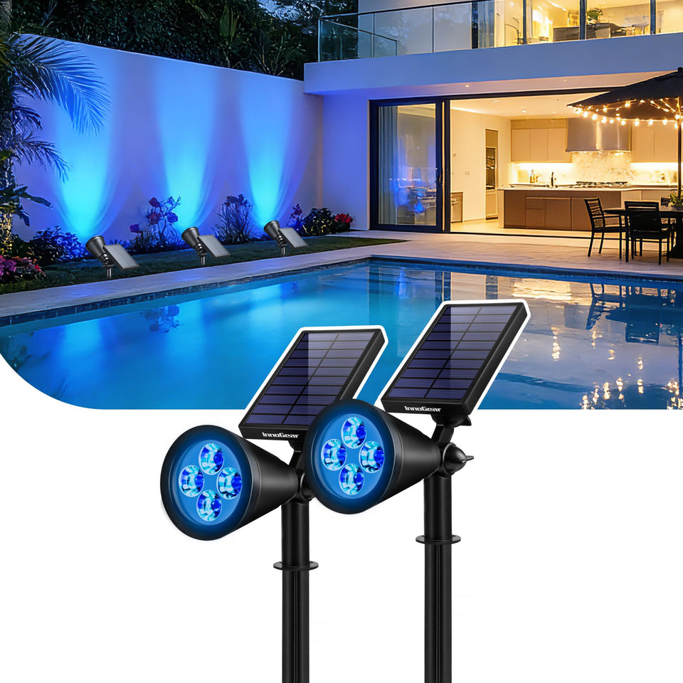 InnoGear outdoor solar lights with blue beam illuminating a garden path