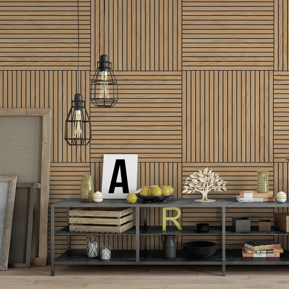INNO STICKERS wood slat wall panel natural oak reduces background noise in rooms.