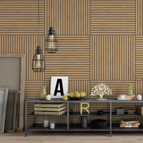 INNO STICKERS wood slat wall panel natural oak reduces background noise in rooms.