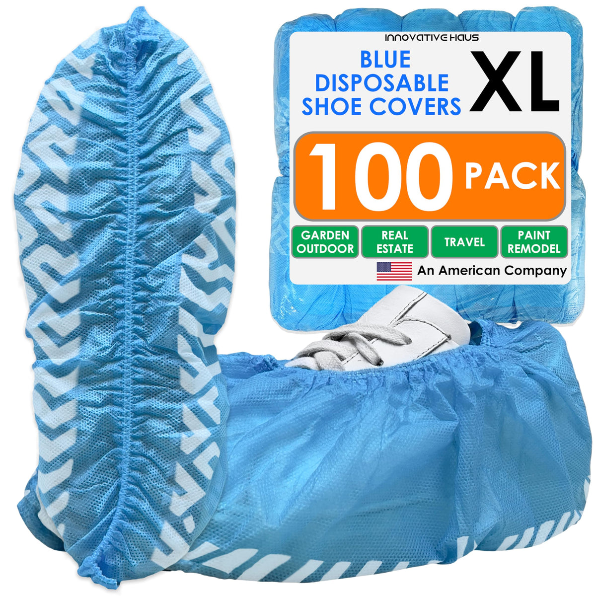 Innovative Haus blue indoor shoe covers, 100-pack, ideal for quick cleanroom prep and floor protection.