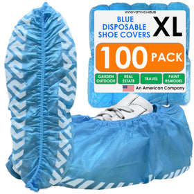 Innovative Haus blue indoor shoe covers, 100-pack, ideal for quick cleanroom prep and floor protection.