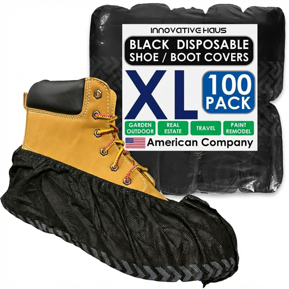 Innovative Haus black XL disposable boot covers protect floors while keeping shoes clean.