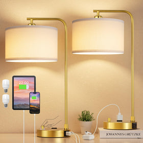 Innqoo bedside lamp pair with gold shade close-up for warm ambiance.