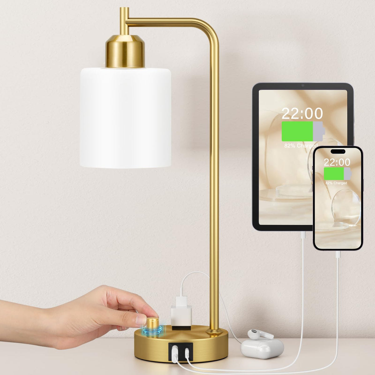 Innqoo Gold Lamp with USB-C and outlet for bedside charging.