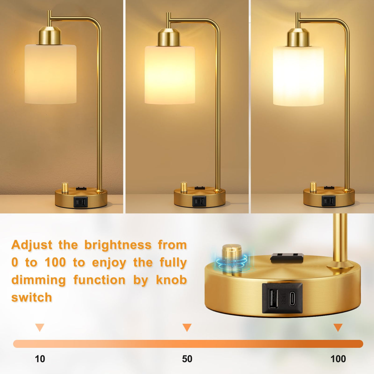 Innqoo Gold Lamp features opal shade for soft illumination.