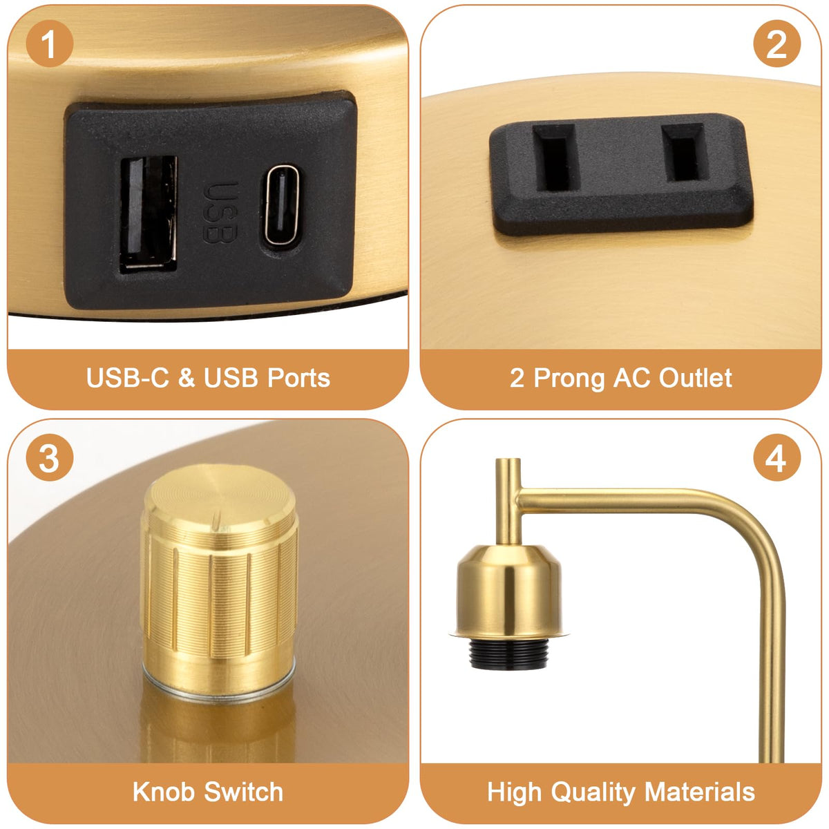 Innqoo Gold Lamp includes USB-C, USB, and AC ports on the nightstand.