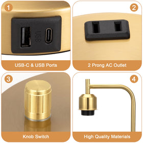 Innqoo Gold Lamp includes USB-C, USB, and AC ports on the nightstand.