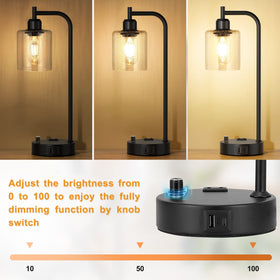 Innqoo industrial table lamp with AC outlet, accessible when on or off.