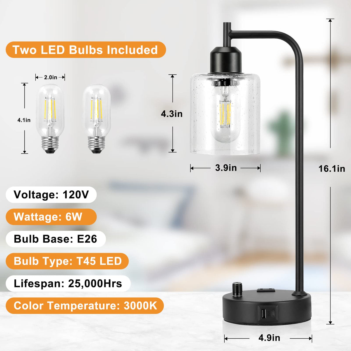 Innqoo industrial table lamp shows USB-C port and USB detail for charging.