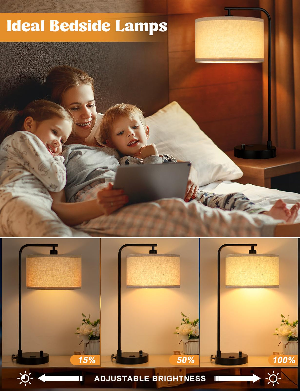 Innqoo tall table lamp features beige linen shade for warm ambience.