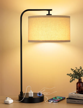 Innqoo tall table lamp with USB port and outlet for bedside charging.