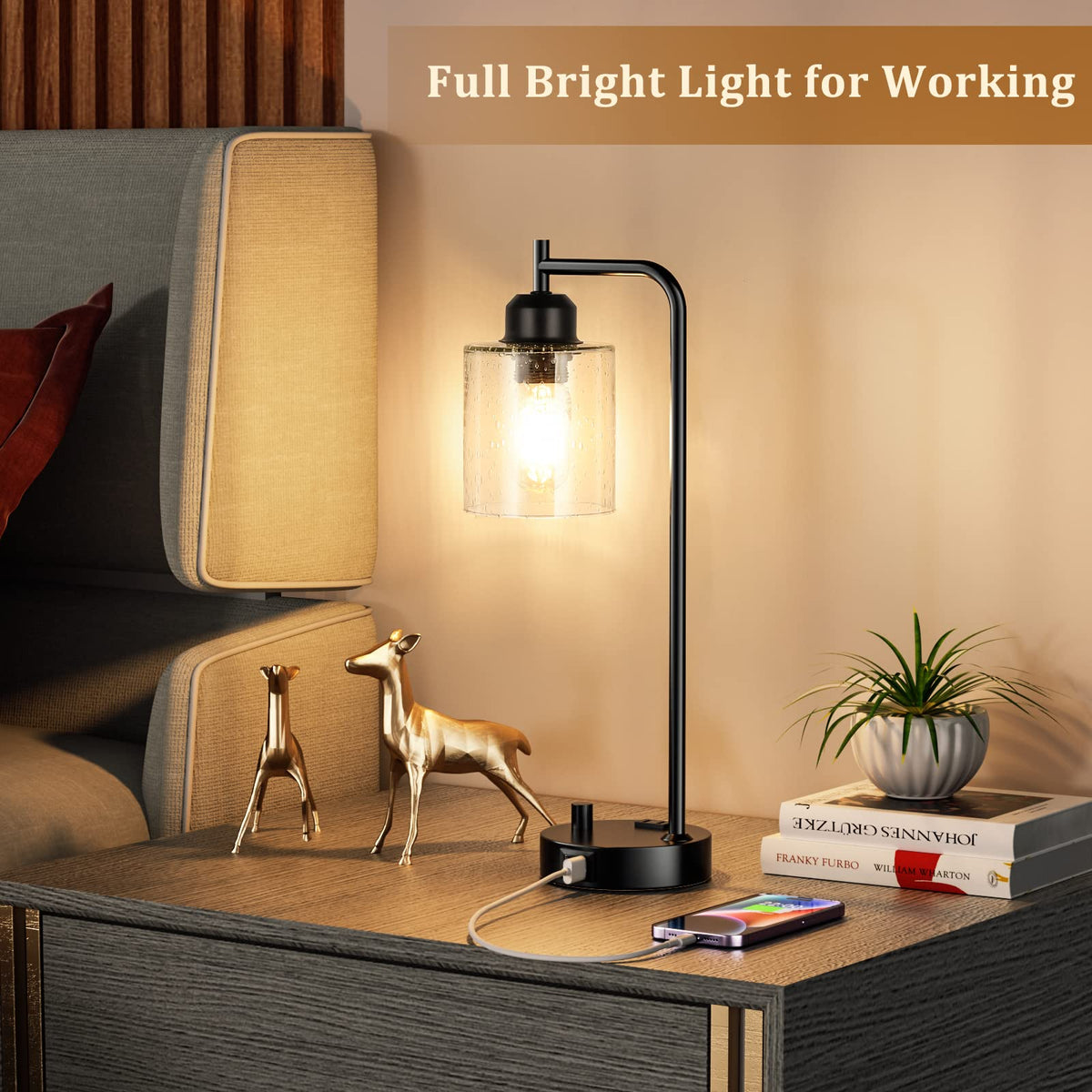 Innqoo lamp showing built-in USB-C and USB outlets for devices.