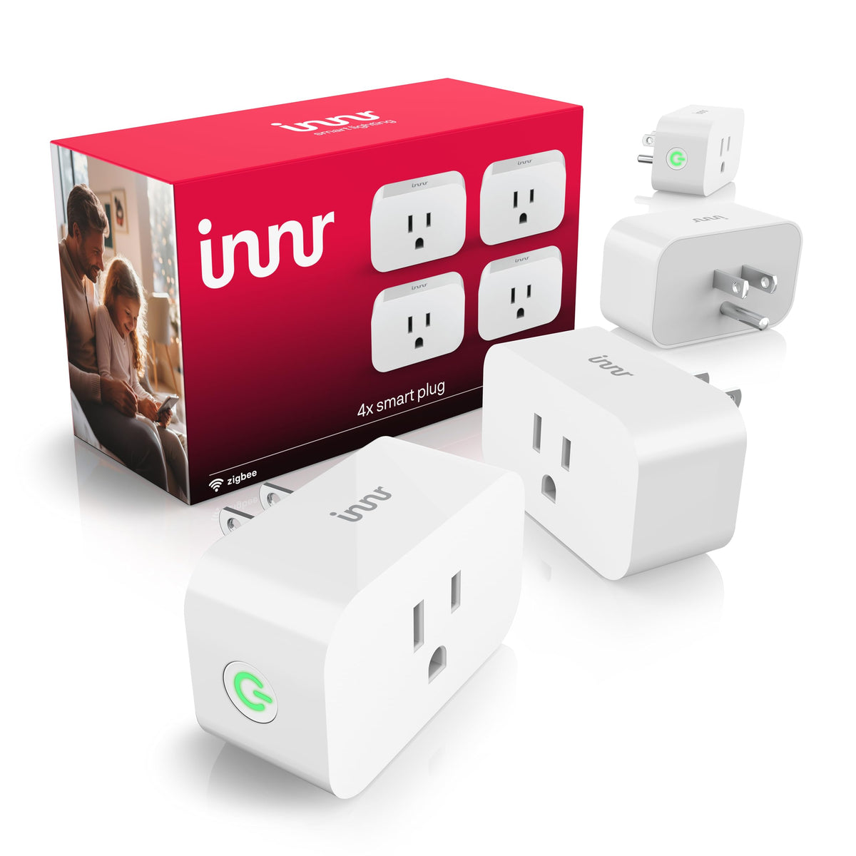 Innr Zigbee Smart Plug 4-pack pack shot showing compact outlets ready for smart automation