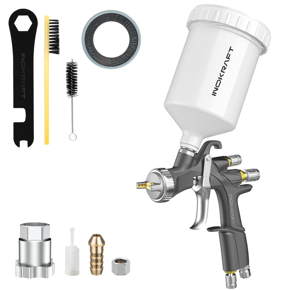 InoKraft D1 LVLP spray gun front view shows precise control for cars and furniture.