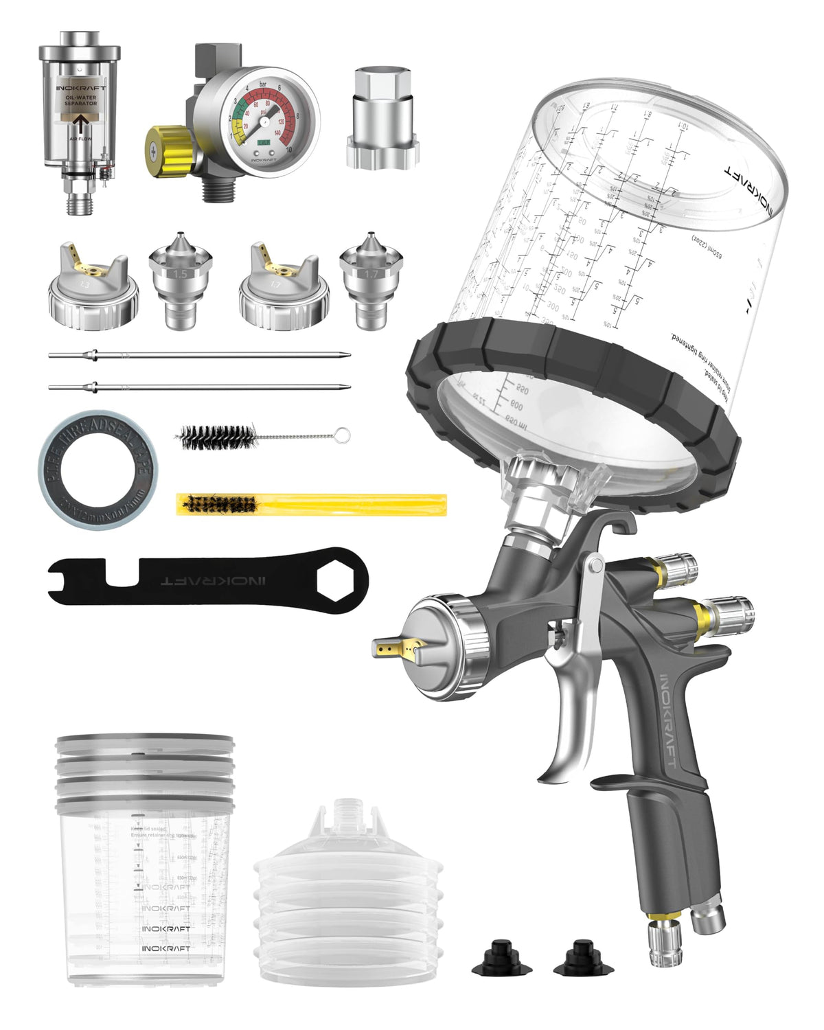 InoKraft D1 LVLP spray gun front view for smooth, controlled DIY painting