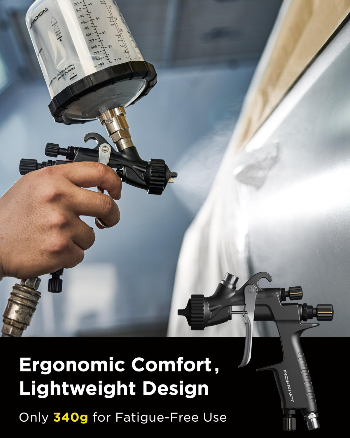 InoKraft Drizzle Pro LVLP spray gun low overspray with efficient transfer.