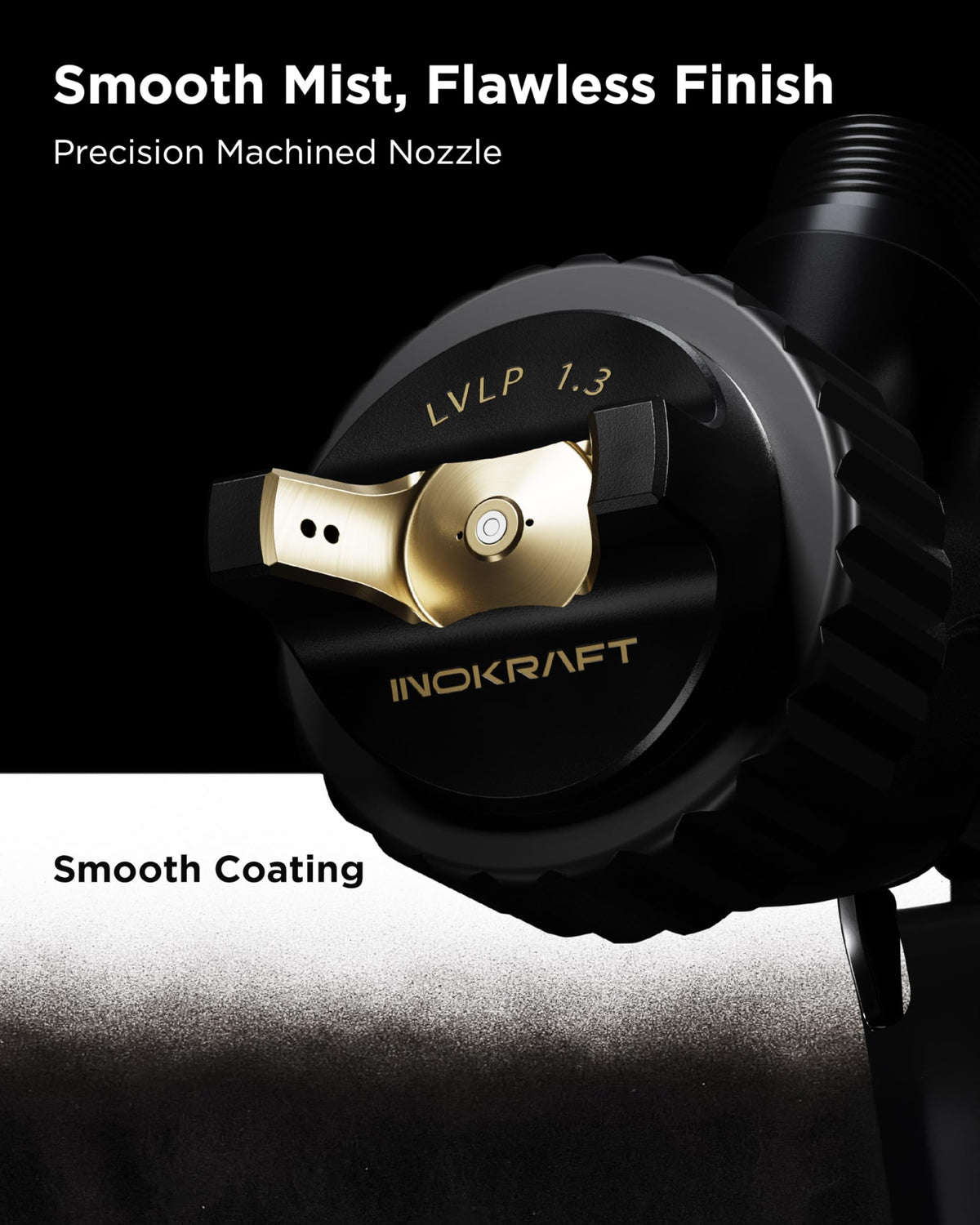 InoKraft Drizzle Pro LVLP spray gun 1.3B precision nozzle for fine basecoat atomization.