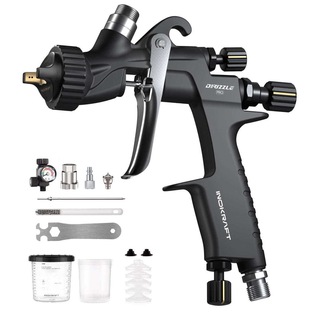InoKraft Drizzle Pro LVLP spray gun with ultralight 340g design for comfortable long sessions.