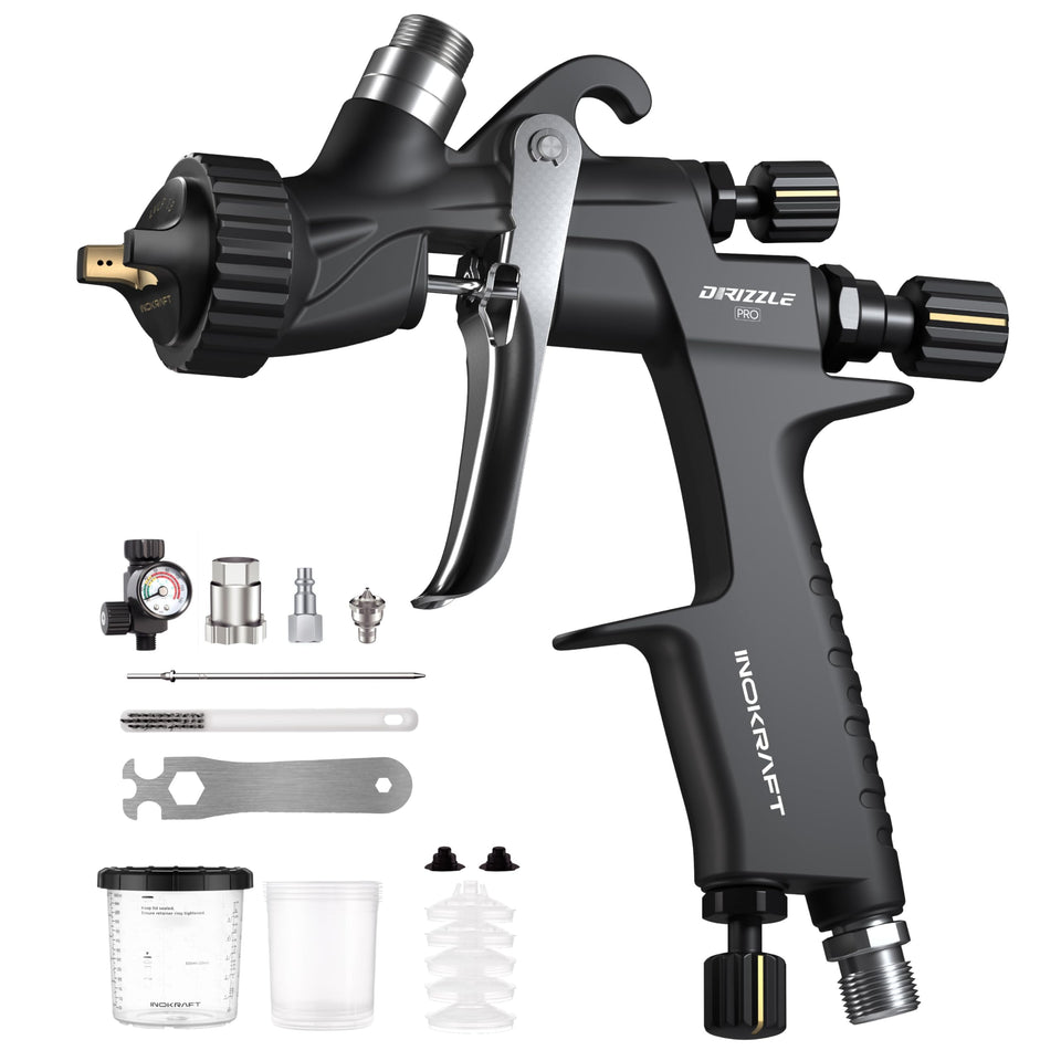InoKraft Drizzle Pro LVLP spray gun with ultralight 340g design for comfortable long sessions.