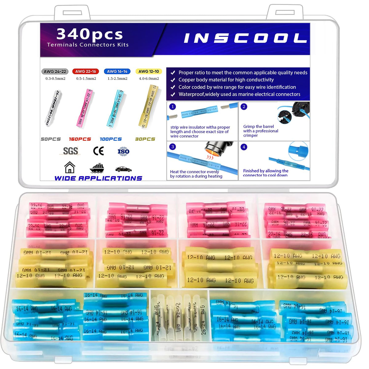 Inscool 340pc heat shrink butt connectors pack for durable automotive wiring.